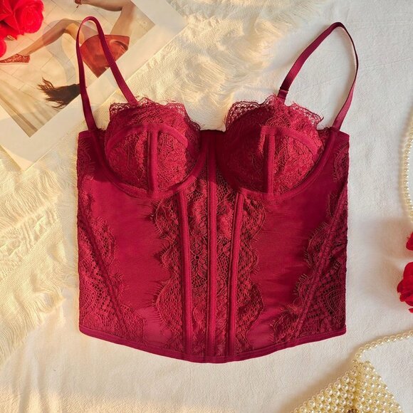 Burgundy Elegant Sexy Women's Bodycon Lace Trim Bustier Top - Picture 8 of 11
